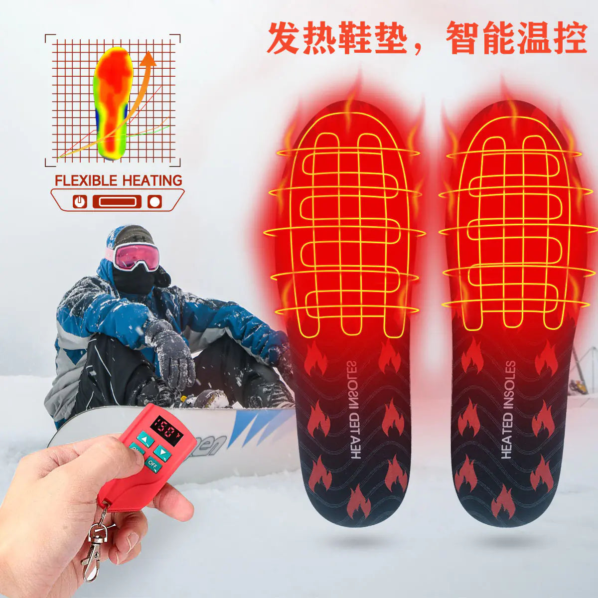 USB Heated Insoles with LED Remote Temperature Control.