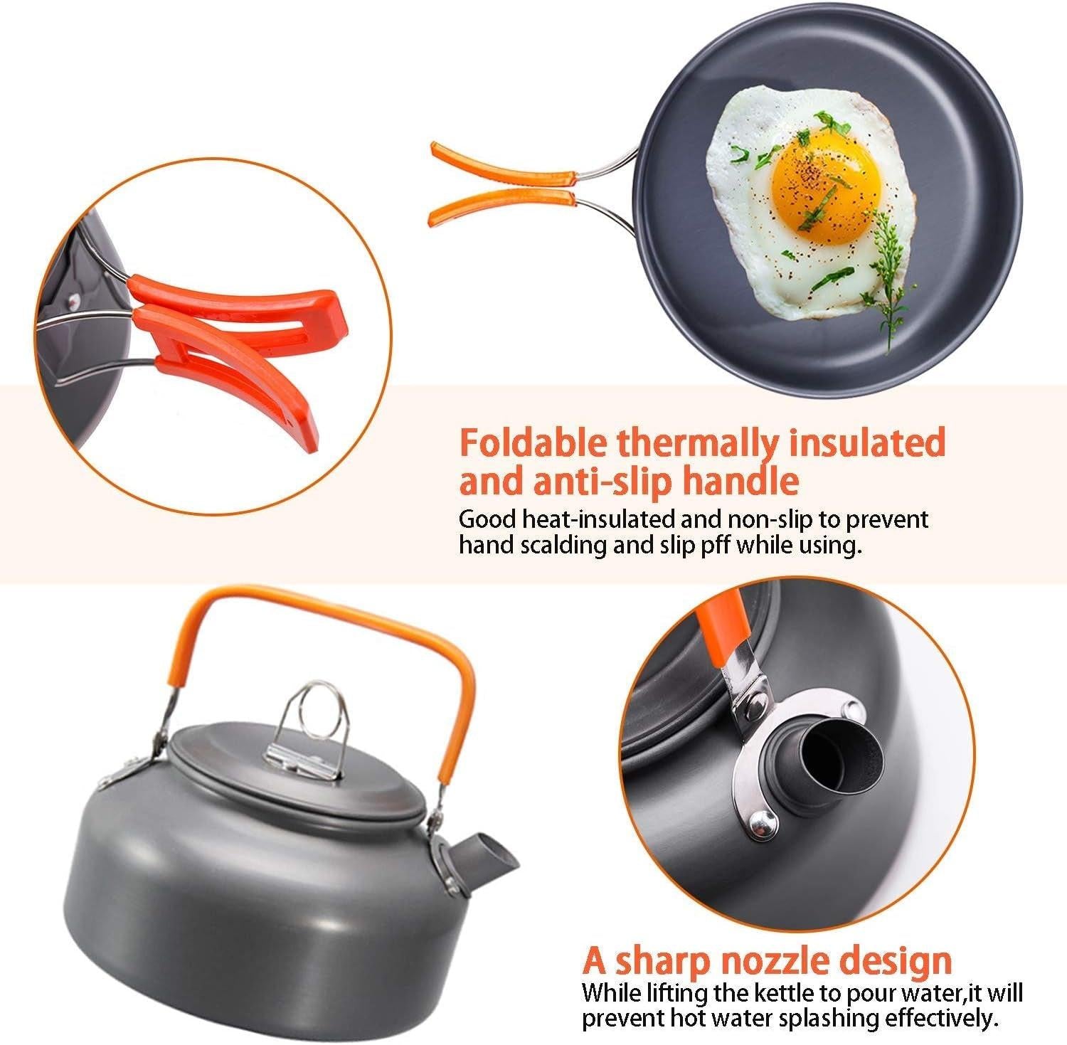 Camping Cookware Mess Kit: Pot Pan and Kettle, Portable Outdoor Hiking Camping Cooking Set.
