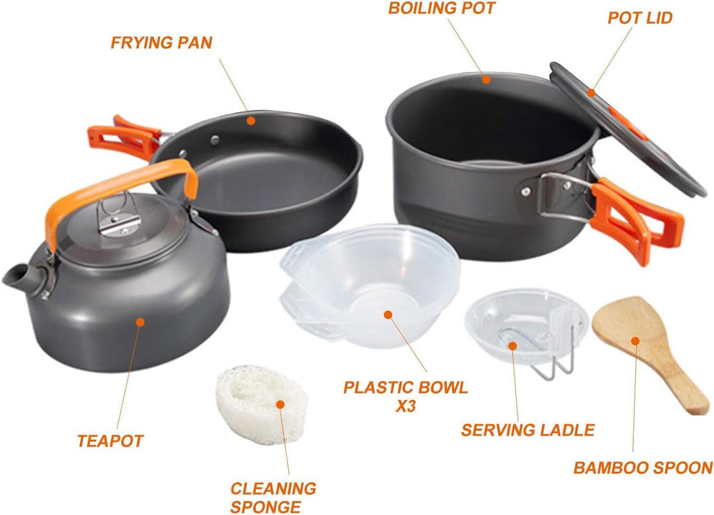 Camping Cookware Mess Kit: Pot Pan and Kettle, Portable Outdoor Hiking Camping Cooking Set.