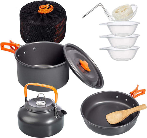 Camping Cookware Mess Kit: Pot Pan and Kettle, Portable Outdoor Hiking Camping Cooking Set.