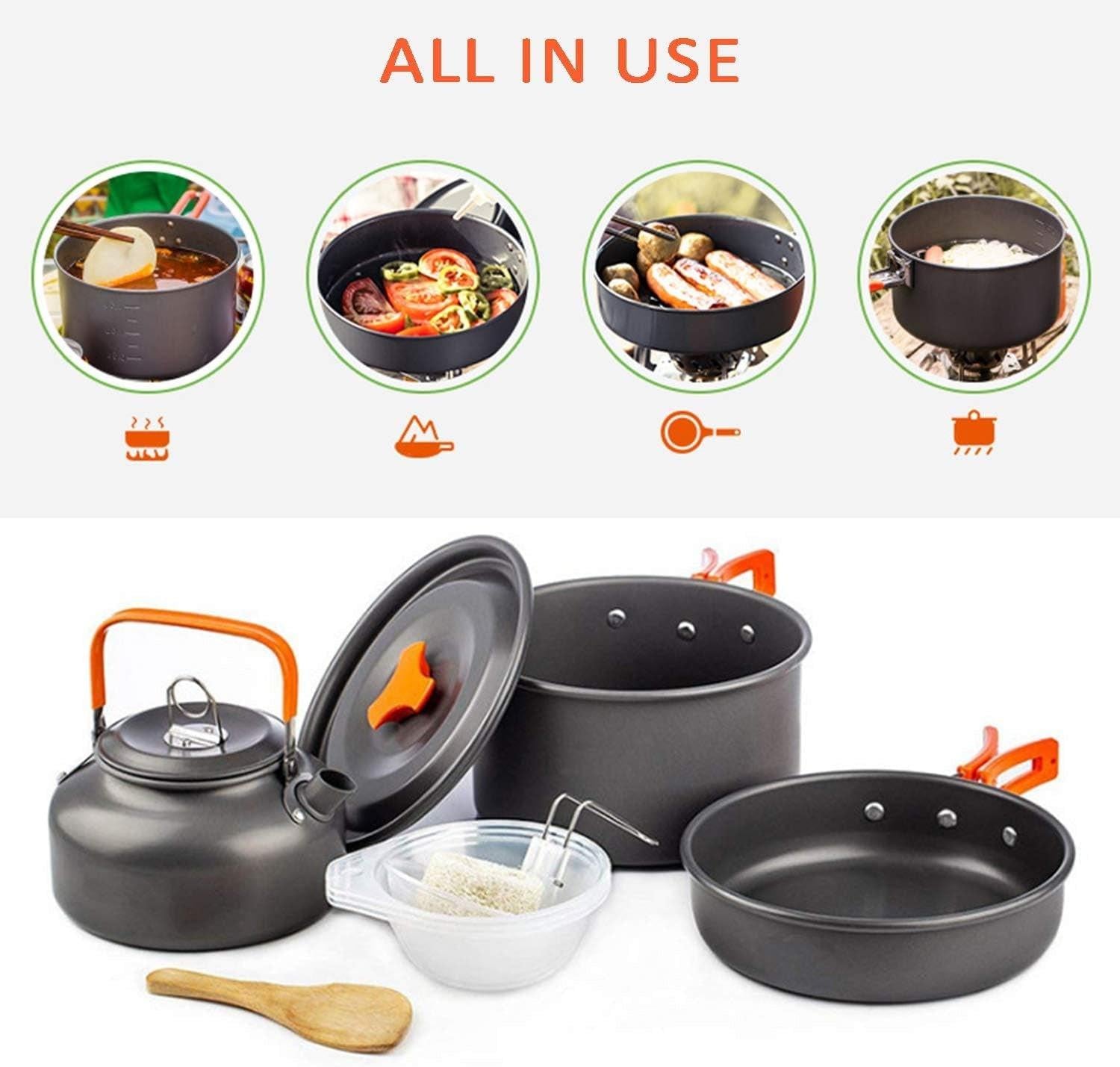 Camping Cookware Mess Kit: Pot Pan and Kettle, Portable Outdoor Hiking Camping Cooking Set.