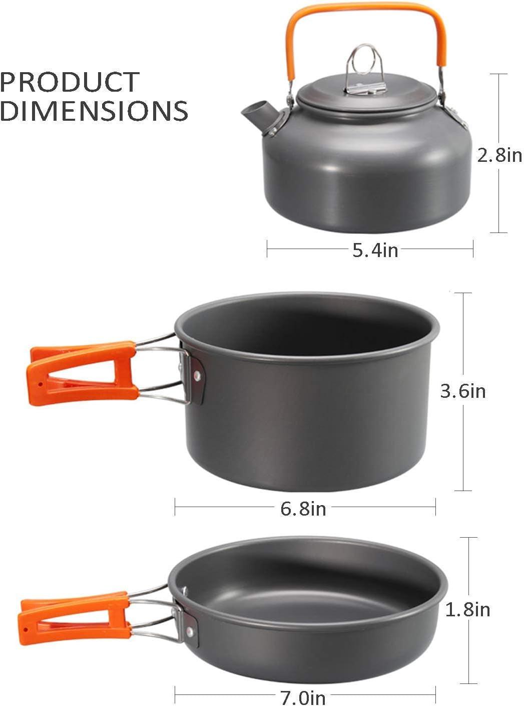 Camping Cookware Mess Kit: Pot Pan and Kettle, Portable Outdoor Hiking Camping Cooking Set.